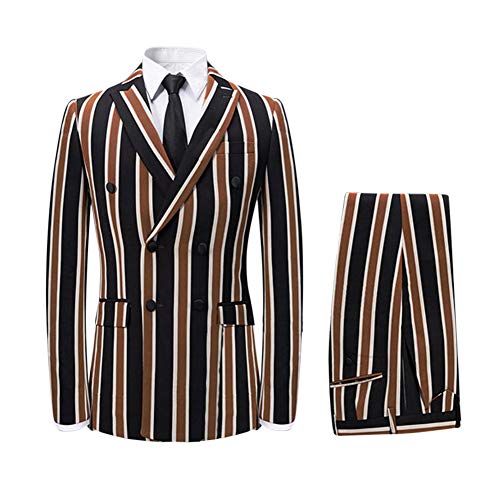 Men's Colored Striped 3 Piece Suit Slim Fit Tuxedo Blazer Jacket Pants Vest Set (Coffee-DB, X-Large)