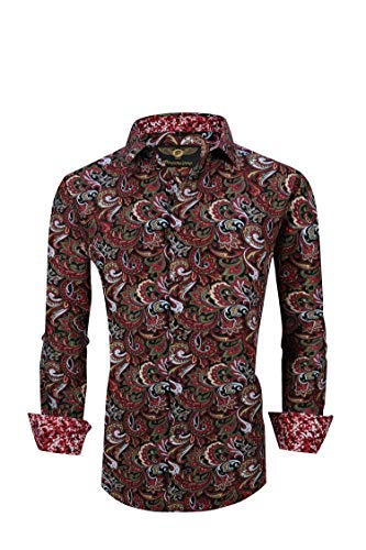 Premiere Men's Colorful Paisley Designer Fashion Dress Shirt Floral Casual Shirt Woven Long Sleeve Button Down Shirt (Red Paisley 624, XL)