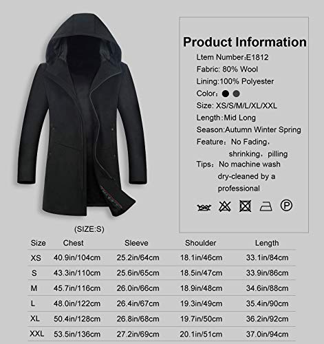 ELETOP Men's Coat 80% Wool Overcoat Winter Long Pea Coat Classic Hooded Jacket 1812 Black L