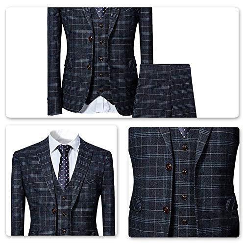 Mens 3 Piece Slim fit Checked Suit Blue/Black Single Breasted Vintage Suits,Black,Small