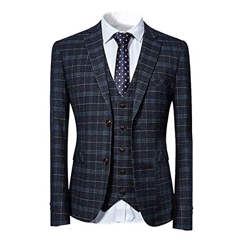 Mens 3 Piece Slim fit Checked Suit Blue/Black Single Breasted Vintage Suits,Black,Small