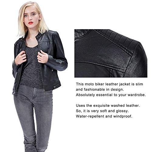 Fahsyee Women's Faux Leather Jackets, Zip Up Motorcycle Short PU Moto Biker Outwear Fitted Slim Coat Black Size L
