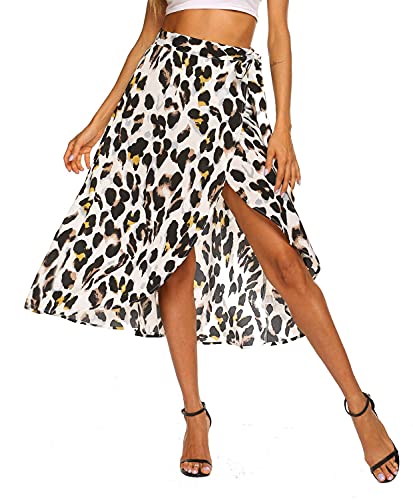 Leopard Skirts for Women Midi High Waist Summer Beach Wrap Cover Up Skirt (L,Leopard White)