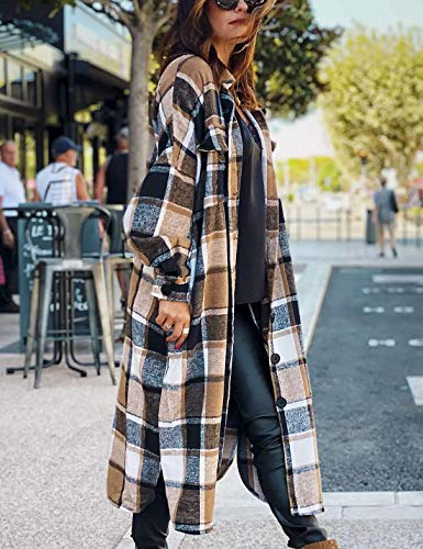 Omoone Women's Lounge Lapel Button Up Long Sleeve Plaid Long Shirt Jacket Shacket(O1766-Brown-L)