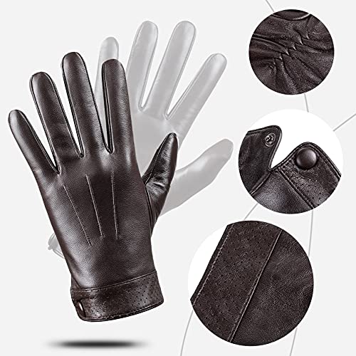 Winter Genuine Sheepskin Leather Gloves For Men, Warm Touchscreen Texting Cashmere Lined Driving Motorcycle Gloves by Dsane (Brown, L)