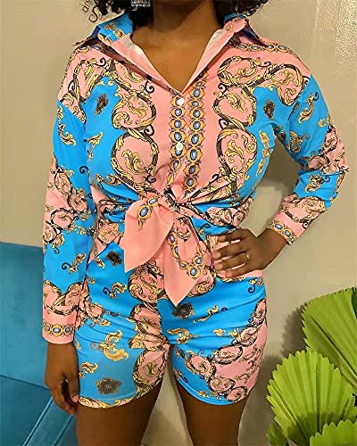 ThusFar Women Jogging 2 Piece Outfits Full Sleeve Chain Printed Tops Button Down Mini Dress Sets with Shorts Set Track Pink XXL