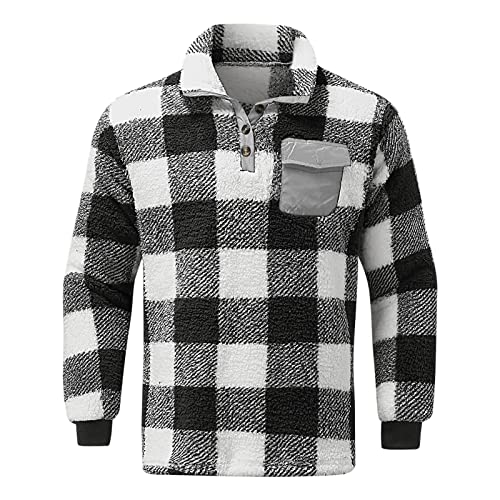 Mens Warm Quilted Lined Flannel Shirt Jacket 1/4 Button Long Sleeve Plaid Henley Shirts Pullover Sweashirts Pockets Black