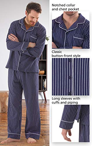 PajamaGram Classic Pajamas for Men - Cotton Mens PJs Set, Navy/White Stripe, XL