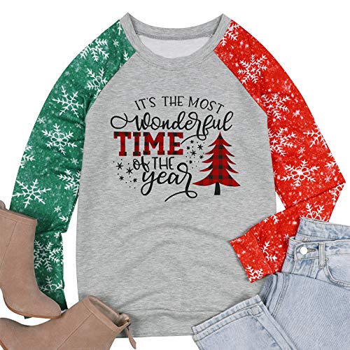 Merry Christmas Sweartshirt for Women Xmas Buffalo Plaid Tree Color Block Christmas Snowflake Print Long Sleeve Top T-Shirt Gray