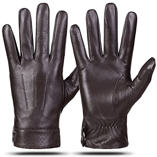 Winter Genuine Sheepskin Leather Gloves For Men, Warm Touchscreen Texting Cashmere Lined Driving Motorcycle Gloves by Dsane (Brown, L)