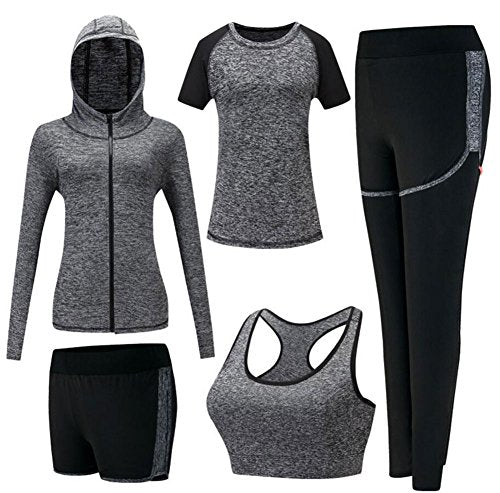 ZETIY Women's 5pcs Sport Suits Fitness Yoga Running Athletic Tracksuits (L, Grey)