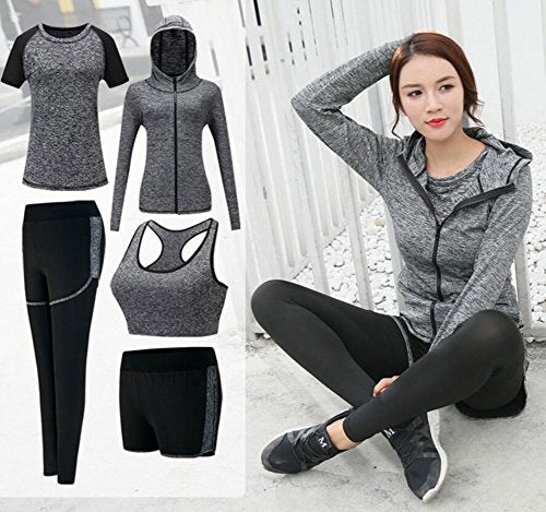 ZETIY Women's 5pcs Sport Suits Fitness Yoga Running Athletic Tracksuits (L, Grey)