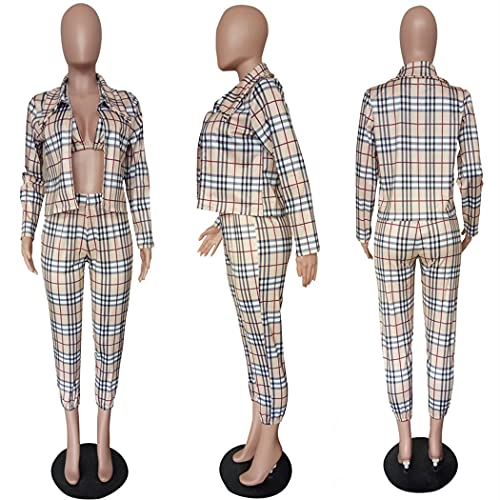 THLAI Women Casual Plaid 2 Piece Outfits Open Front Long Sleeve Blazer with Matching Bra and Long Pants Set 3 Piece Outfits