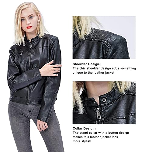 Fahsyee Women's Faux Leather Jackets, Zip Up Motorcycle Short PU Moto Biker Outwear Fitted Slim Coat Black Size L