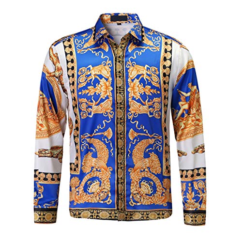 Mens Luxury Brand Printed Silk Like Satin Button Down Dress Shirt for Party Prom Long Sleeve Slim Fit Floral Nightclub Shirt