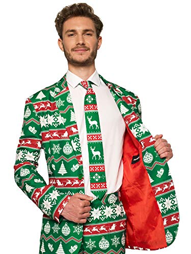 SUITMEISTER Green Nordic Christmas Suit - Size L, Includes Matching Blazer Jacket, Pants & Tie | Slim Fit Ugly Fancy Dress Outfits | Christmas Day Outfit, Office Party, Thanks Giving & Gatherings
