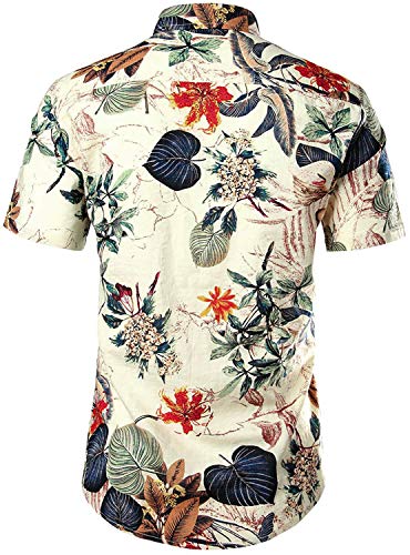 JOGAL Men's Flower Casual Button Down Short Sleeve Hawaiian Shirt Suits Medium White