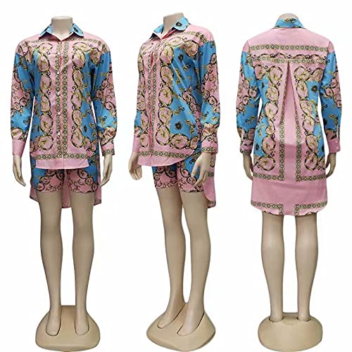 ThusFar Women Jogging 2 Piece Outfits Full Sleeve Chain Printed Tops Button Down Mini Dress Sets with Shorts Set Track Pink XXL