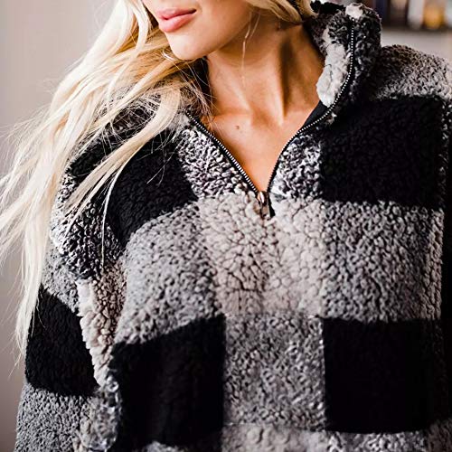 ZESICA Women's Plaid Long Sleeve Zipper Sherpa Fleece Sweatshirt Pullover Jacket Coat with Pockets,Grey,X-Large