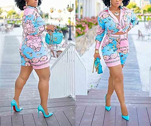 ThusFar Women Jogging 2 Piece Outfits Full Sleeve Chain Printed Tops Button Down Mini Dress Sets with Shorts Set Track Pink XXL