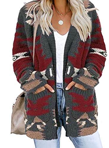 Dokotoo Womens Winter Warm Open Front Long Sleeve Aztec Print Cardigans Sweaters Casual Knitting Coats Outerwear Chunky Cardigans Jackets with Pockets Gray M