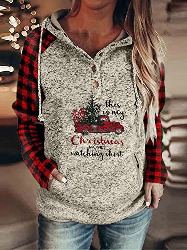 Womens Christmas Sweatshirt With Pocket, Tree Truck Movie Watching Red Plaid Hoodie Sweater Outfits for Women (D-Xmas-red, L)