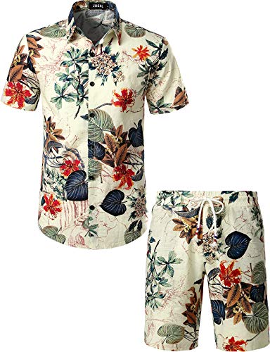 JOGAL Men's Flower Casual Button Down Short Sleeve Hawaiian Shirt Suits Medium White