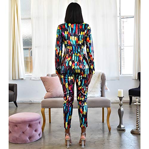 Women Lapel Collar Long Sleeve Top Jacket Pants 2 Piece Suit Set Outfits Elegant Uniform Suits Letter Print Multicolored Large