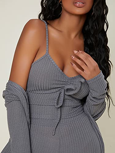 SheIn Women's Ruched Knot Bust Cami Top Long Pants Lounge Set with Long Sleeve Robe Dark Grey Small