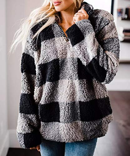 ZESICA Women's Plaid Long Sleeve Zipper Sherpa Fleece Sweatshirt Pullover Jacket Coat with Pockets,Grey,X-Large