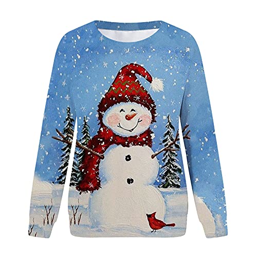 Womens Christmas Tops Cute Printed Tshirts Long Sleeve Pullover Casual Crewneck Sweatshirt Loose Comfy Tops Light Blue