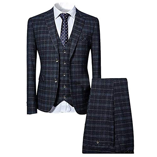 Mens 3 Piece Slim fit Checked Suit Blue/Black Single Breasted Vintage Suits,Black,Small
