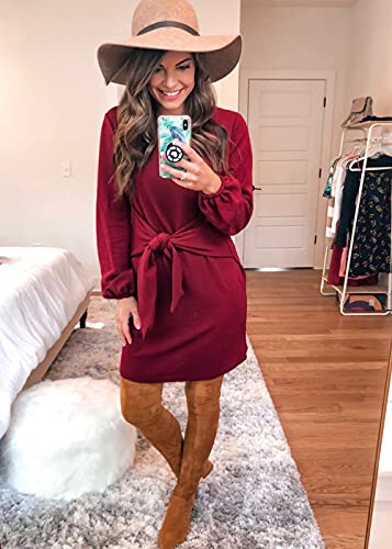 PRETTYGARDEN Women’s Elegant Long Lantern Sleeve Short Dress Crewneck Tie Waist Knit Cocktail Dress Wine Red