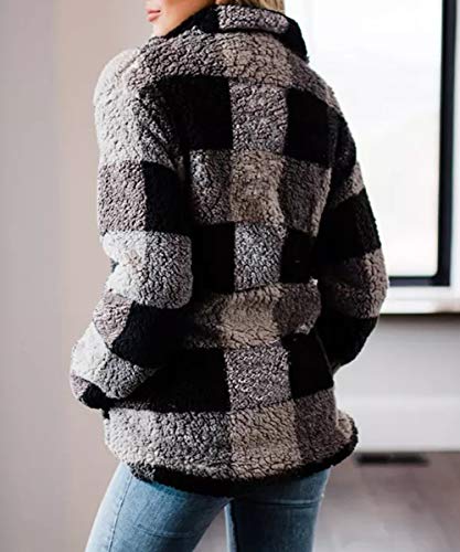 ZESICA Women's Plaid Long Sleeve Zipper Sherpa Fleece Sweatshirt Pullover Jacket Coat with Pockets,Grey,X-Large