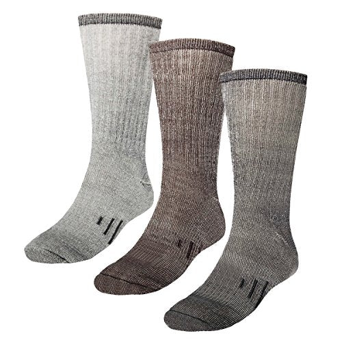 3 Pairs Thermal 80% Merino Wool Socks Hiking Crew, black, gray, brown, men’s shoe size 9-12, women’s 11-13