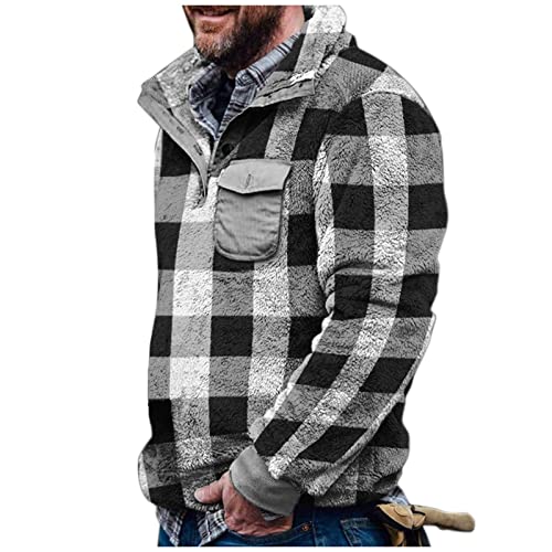 Mens Warm Quilted Lined Flannel Shirt Jacket 1/4 Button Long Sleeve Plaid Henley Shirts Pullover Sweashirts Pockets Black