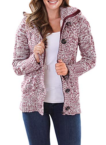 Sidefeel Women Hooded Knit Cardigans Button Cable Sweater Coat Small Red