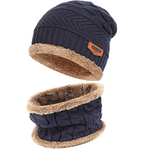 Mens Womens Winter Beanie Hat Scarf Set Warm Knit Hat Thick Fleece Lined Winter Cap Neck Warmer for Men Women