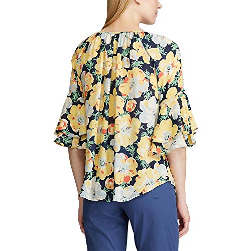 Chaps Women's Layered Bell Sleeve Relaxed Silk Georgette Top, Capri Navy/Yellow, S-Petite Size