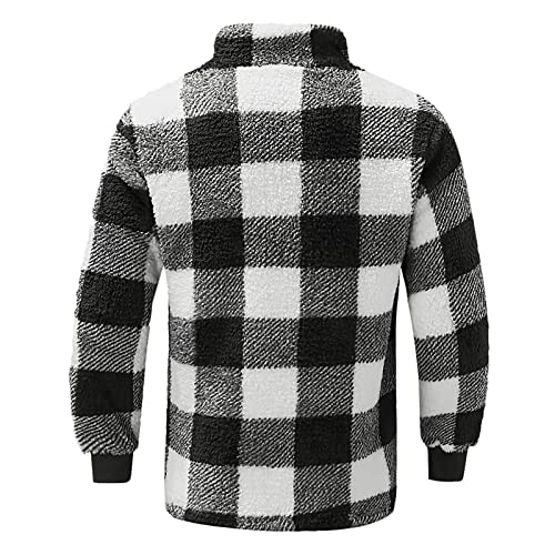 Mens Warm Quilted Lined Flannel Shirt Jacket 1/4 Button Long Sleeve Plaid Henley Shirts Pullover Sweashirts Pockets Black