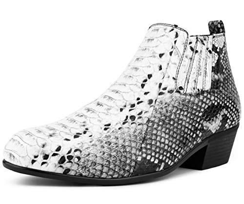 Bolano Adder, Boots For Men - Mens Dress Boots - Mens Fashion Boots - Mens Ankle Boots - Realistic Snake Print, Easy Zipper Slip On Boots, Color Black and White Size 10.5