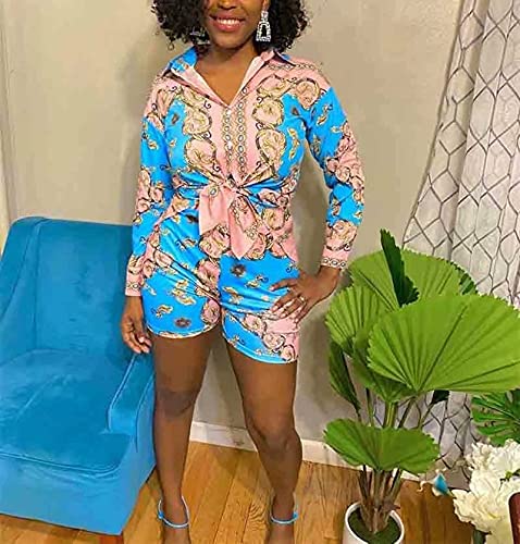 ThusFar Women Jogging 2 Piece Outfits Full Sleeve Chain Printed Tops Button Down Mini Dress Sets with Shorts Set Track Pink XXL