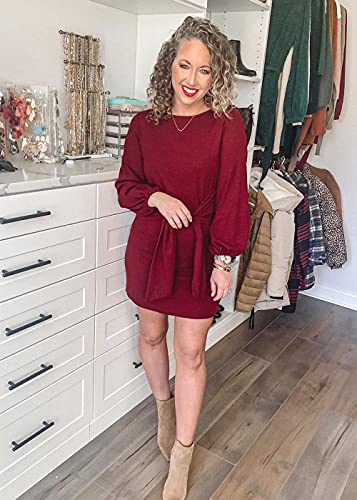 PRETTYGARDEN Women’s Elegant Long Lantern Sleeve Short Dress Crewneck Tie Waist Knit Cocktail Dress Wine Red