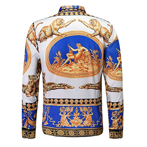 Mens Luxury Brand Printed Silk Like Satin Button Down Dress Shirt for Party Prom Long Sleeve Slim Fit Floral Nightclub Shirt