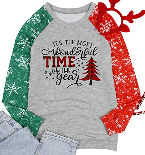 Merry Christmas Sweartshirt for Women Xmas Buffalo Plaid Tree Color Block Christmas Snowflake Print Long Sleeve Top T-Shirt Gray