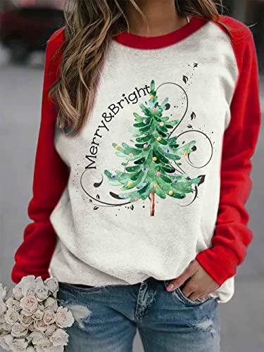 Christmas Sweatshirt for Women Merry and Bright Christmas Long Sleeves Shirt Christmas Tree Print Blouse Tops Holiday Shirts (Red, Small)