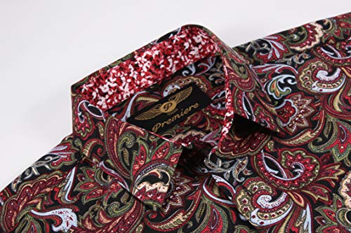 Premiere Men's Colorful Paisley Designer Fashion Dress Shirt Floral Casual Shirt Woven Long Sleeve Button Down Shirt (Red Paisley 624, XL)