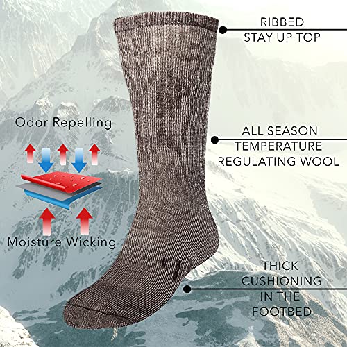 3 Pairs Thermal 80% Merino Wool Socks Hiking Crew, black, gray, brown, men’s shoe size 9-12, women’s 11-13