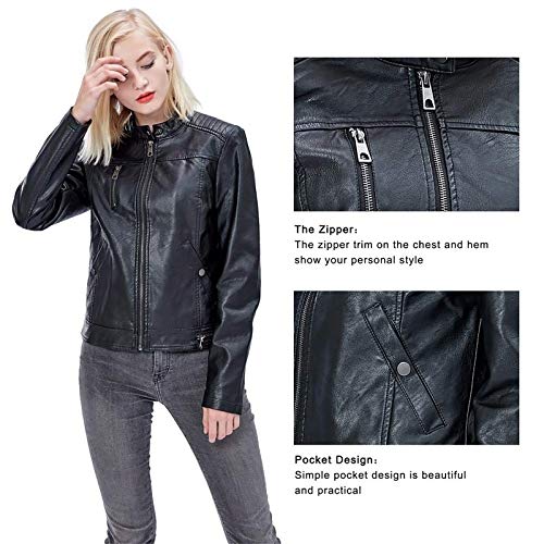 Fahsyee Women's Faux Leather Jackets, Zip Up Motorcycle Short PU Moto Biker Outwear Fitted Slim Coat Black Size L