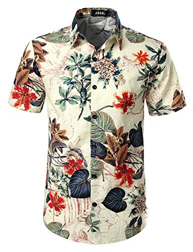 JOGAL Men's Flower Casual Button Down Short Sleeve Hawaiian Shirt Suits Medium White